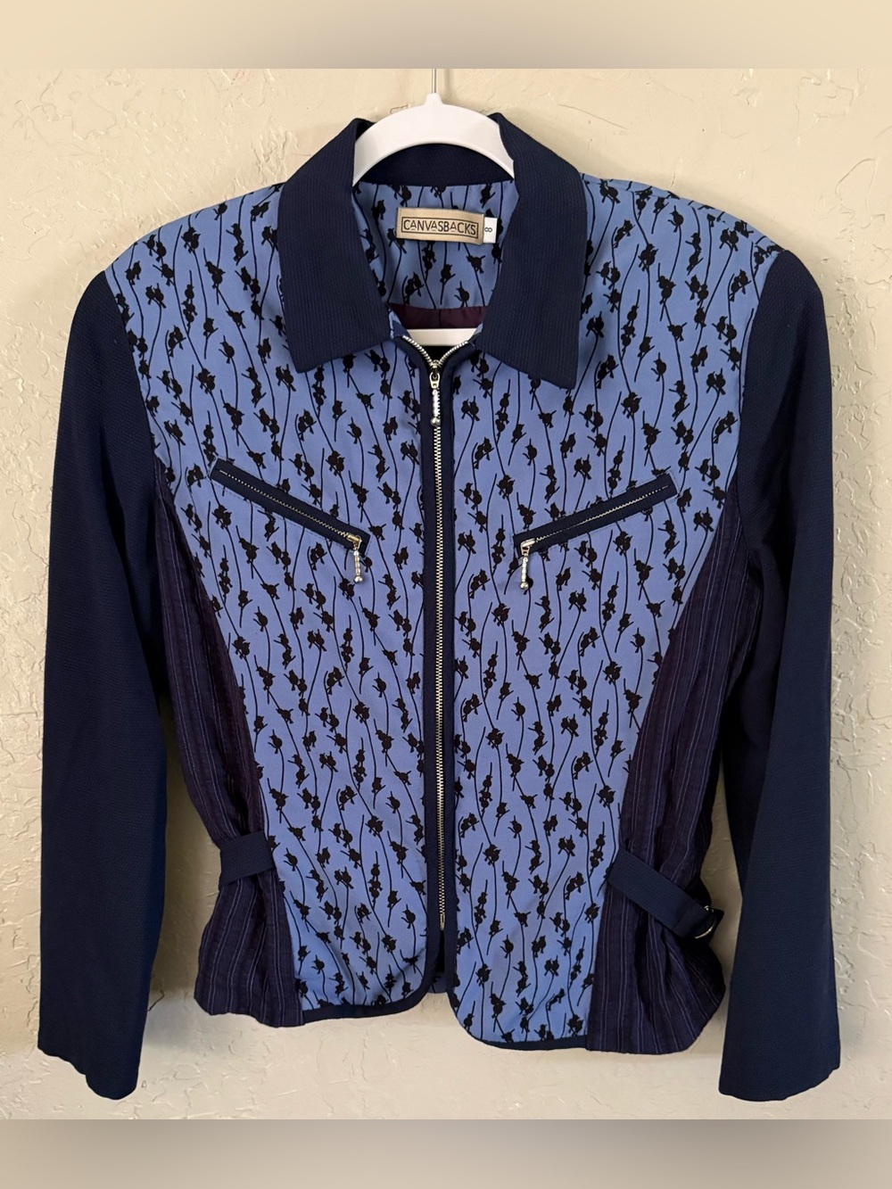 Canvasbacks Vintage Women's Blue Bird Pattern Zip Up Jacket Long Sleeve Sz 8